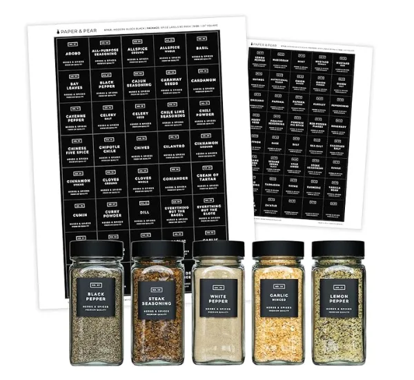 Modern block spice labels for kitchen organization.