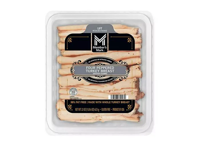 Four peppered turkey breast slices from Sam's Club.