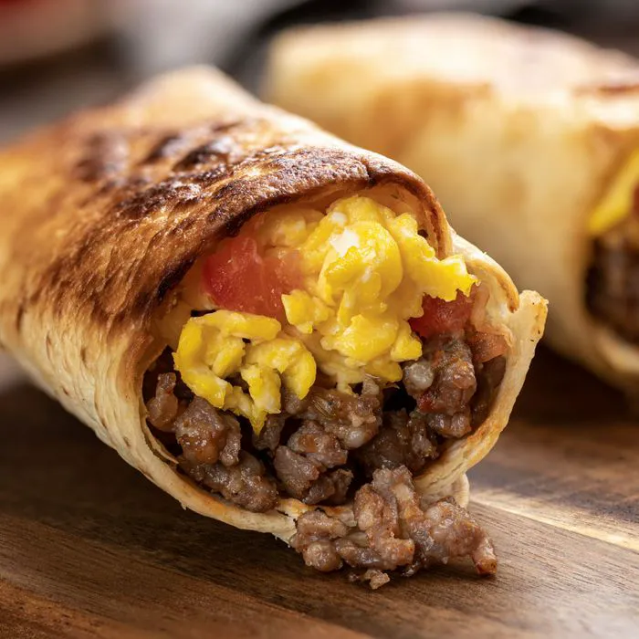 Hearty sausage breakfast burrito with fresh ingredients.