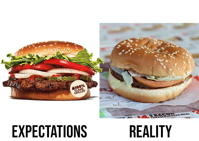 Burger King Whopper expectations vs. reality comparison image.