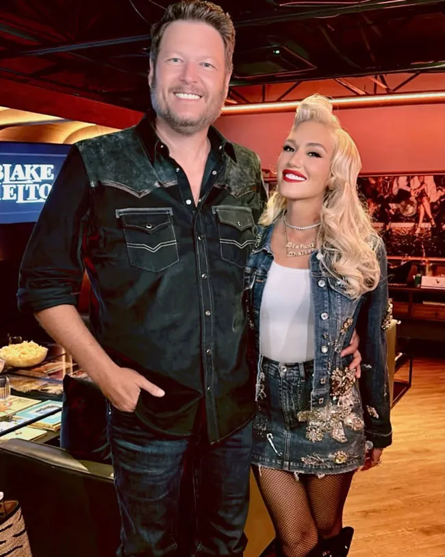 Gwen Stefani wears bedazzled mini skirt with Blake Shelton
