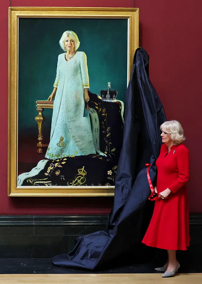 Queen Camilla at the National Gallery for coronation portrait unveiling