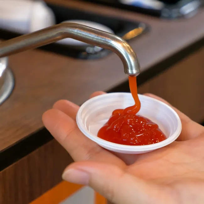 Ketchup dispenser ready for serving.