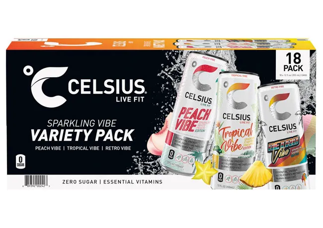 Variety pack of Celsius sparkling energy drinks, 12 fl oz, 18 count.