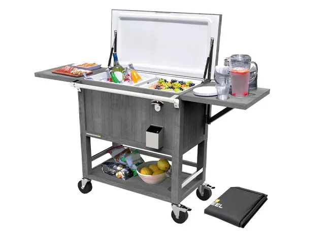 100-quart patio cooler beverage cart with side shelves for gatherings.