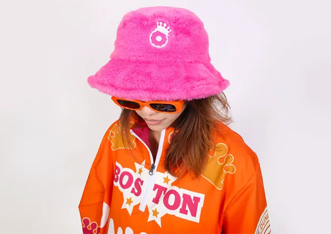Fuzzy bucket hat featuring Dunkin' Donuts branding