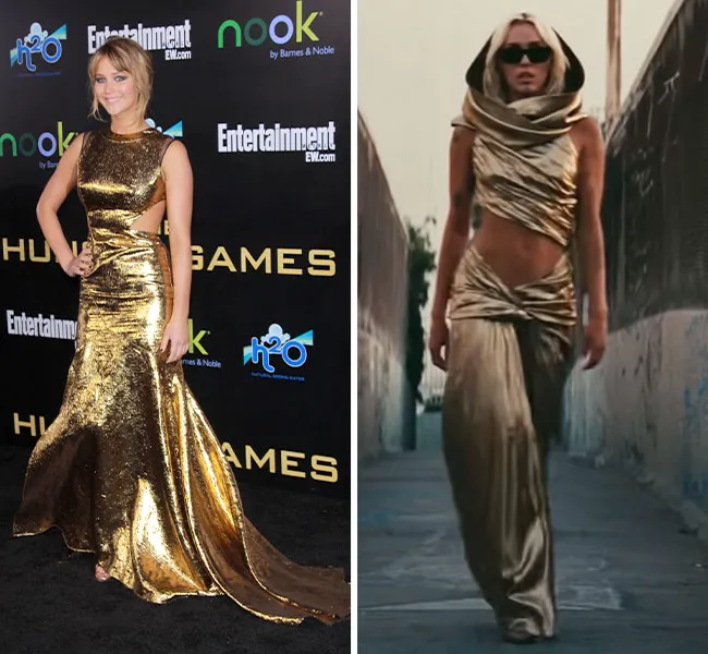 Miley Cyrus gold dress Flowers video vs Jennifer Lawrence gold dress Hunger Games premiere