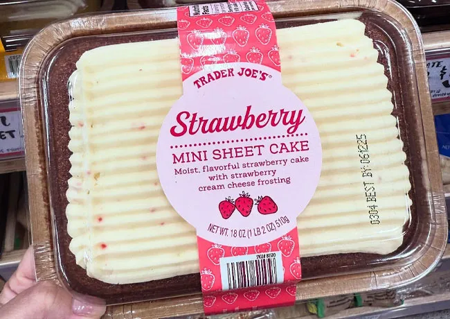 "Trader Joe's Strawberry Mini Sheet Cake with strawberries"