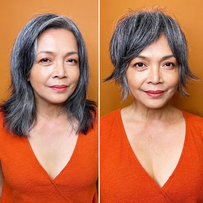 Before-and-after hairstyle transformation with bangs