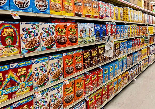 Colorful sugary cereal in a bowl with milk