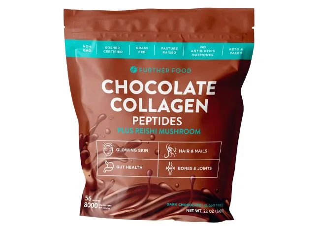 Grass-fed collagen peptides powder with mushroom chocolate flavor from Further Food.