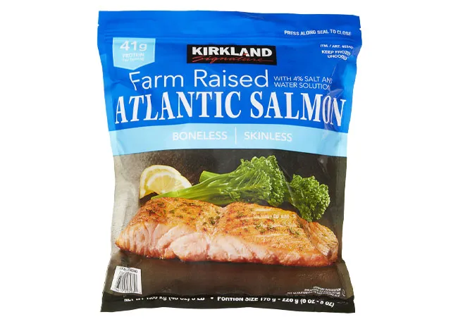 Kirkland frozen Atlantic Salmon steaks in a package