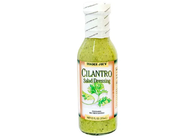 Trader Joe's cilantro salad dressing in a glass jar.