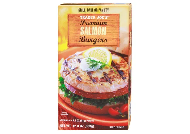 Trader Joe's premium salmon burgers in attractive packaging.