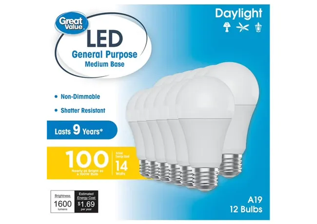 Great Value A19 LED light bulbs for energy-efficient lighting.