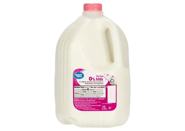 Great Value fat-free milk gallon for healthy beverages.