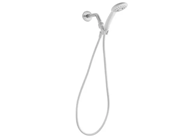 Mainstays white handheld showerhead with hose and mount.