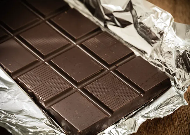 Dark chocolate bar wrapped in silver foil