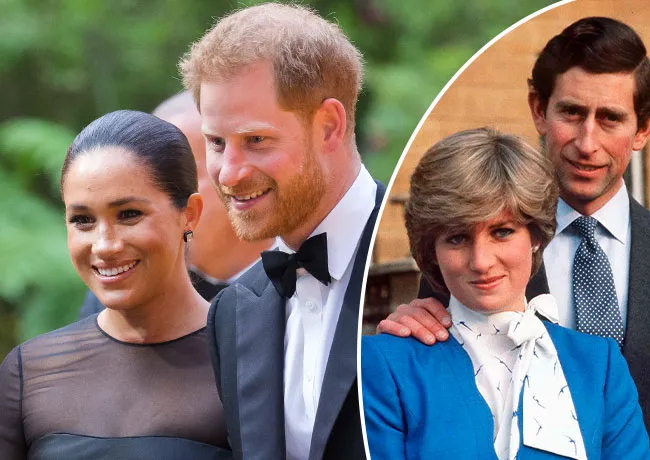 Prince Harry and Meghan Markle with Prince Charles and Princess Diana