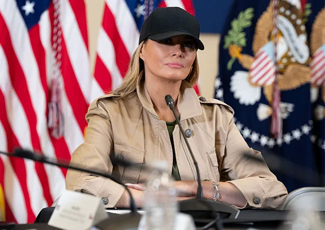 Melania Trump interacting with rescue teams post-flood in Texas.