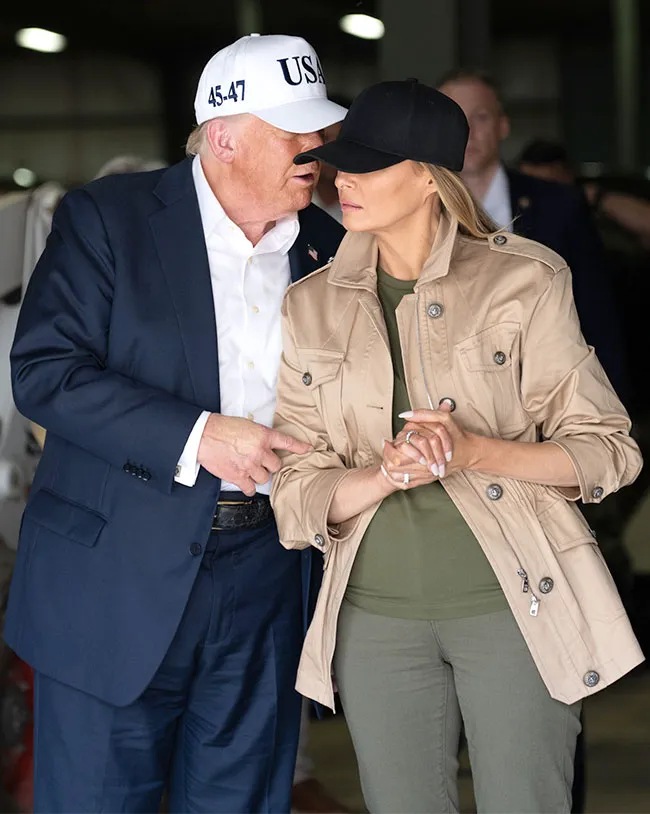 Melania Trump in khaki with Texas rescue teams during flooding.