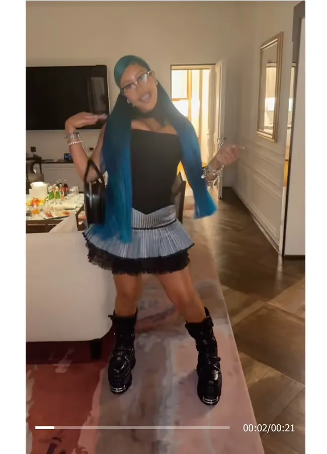 "North West with blue hair and mini skirt"