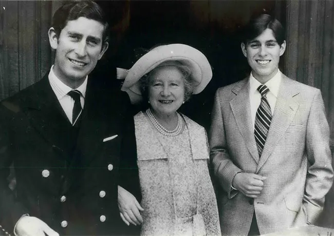 Queen Mother with Prince Andrew and King Charles in 1975