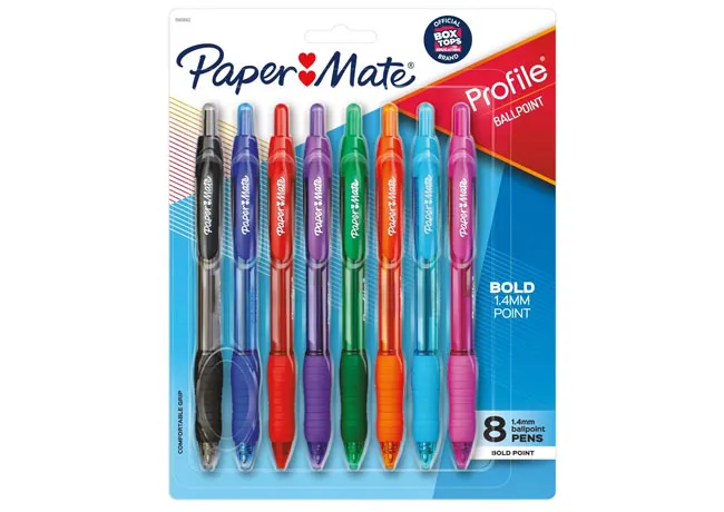 Multicolored Paper Mate ballpoint pens with contoured grip.