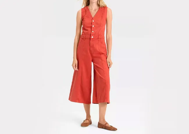Women's cropped sleeveless denim jumpsuit by Universal Thread.