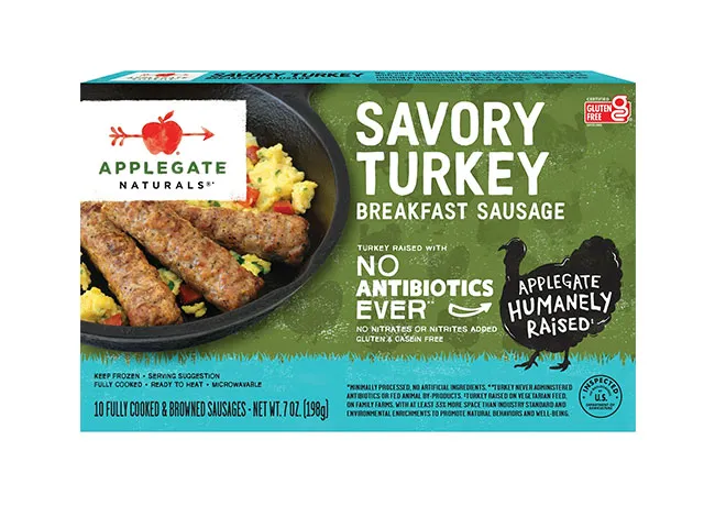 Walmart Applegate turkey sausage package on display.