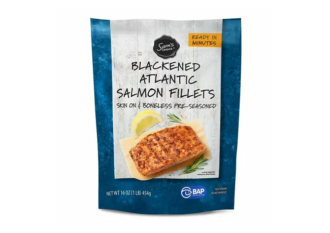Blackened salmon fillets showcased at Walmart.