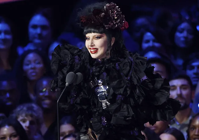 "Lady Gaga performing at the 2025 MTV VMAs"
