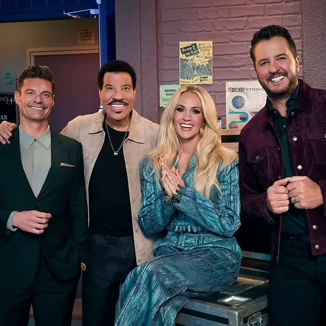 Ryan Seacrest, Lionel Richie, Carrie Underwood, and Luke Bryan together at an event.