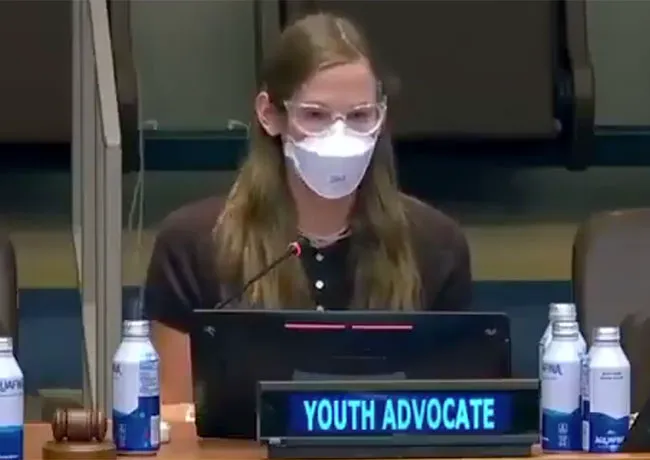 Violet Affleck speaking at the United Nations