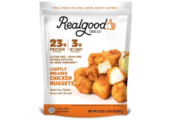 Lightly breaded chicken breast nuggets from Realgood Foods.