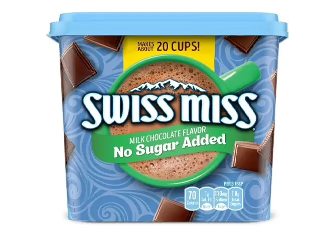 No sugar Swiss Miss hot cocoa mix packaging.