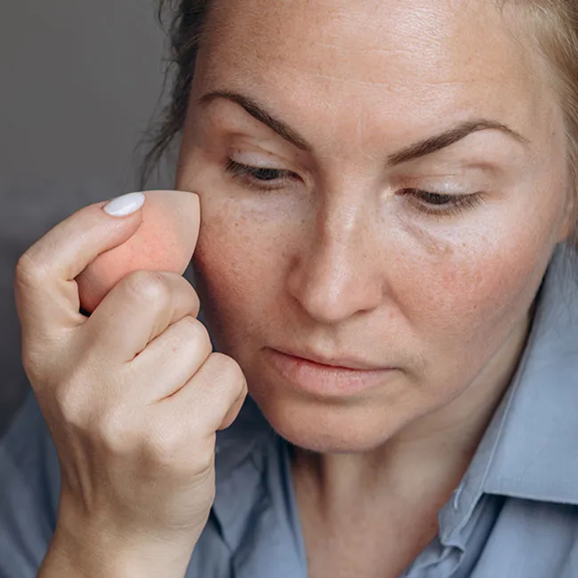 Mature woman applying makeup with a sponge.