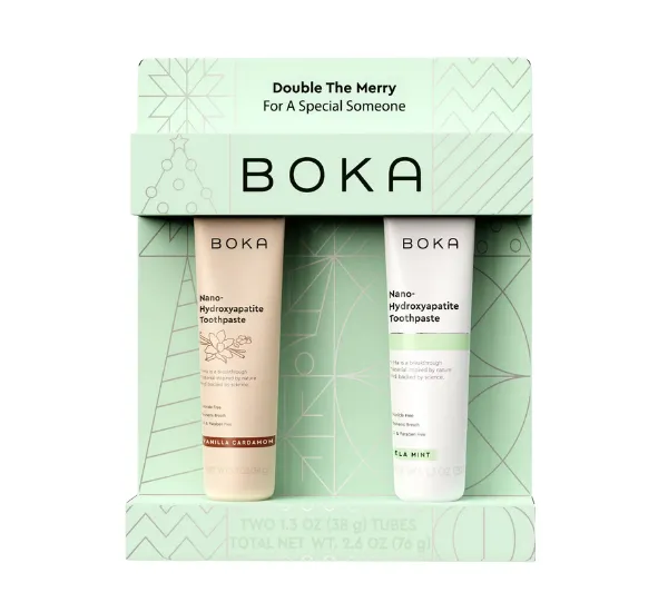 Boka Double the Merry toothpaste set for fresh breath and smiles.