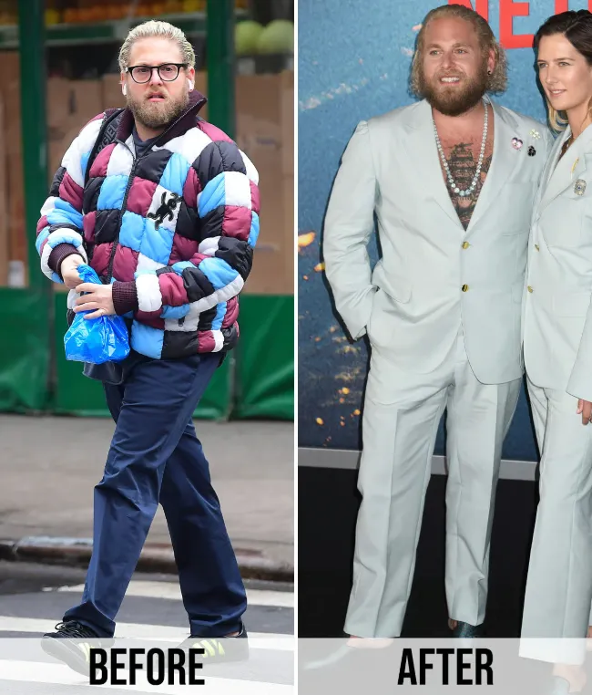 Jonah Hill's weight loss transformation from 2019 to 2021.