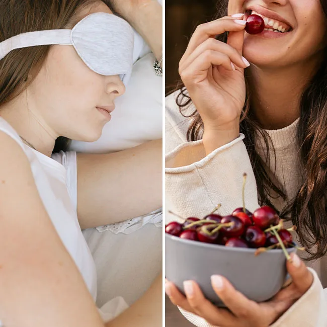 "Woman sleeping while eating cherries"