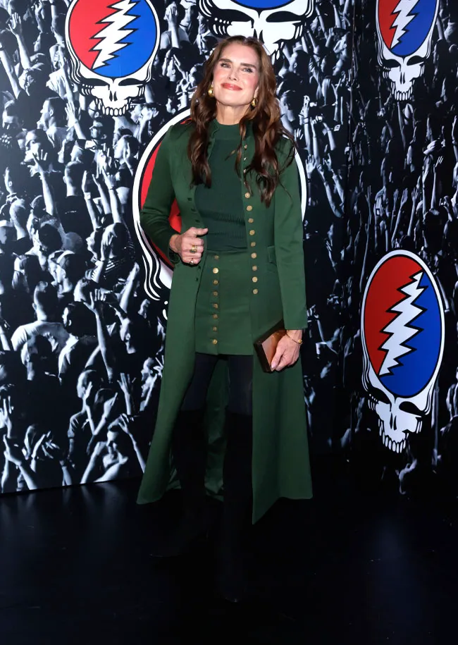Brooke Shields showcasing Alice + Olivia x Grateful Dead collaboration.