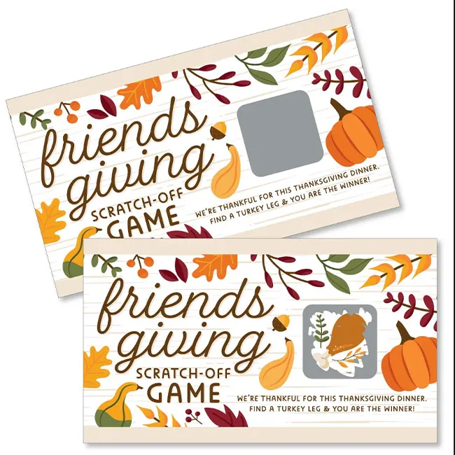 Scratch-off cards for a Friendsgiving party game.