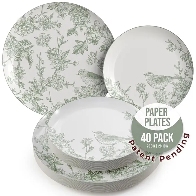 Heavy-duty disposable paper plates set for 20 guests.