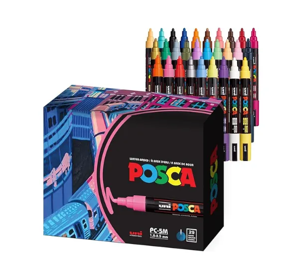 Vibrant Uni Posca paint markers for creative projects.