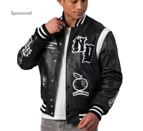 Welcome to New York varsity letterman jacket in navy blue.