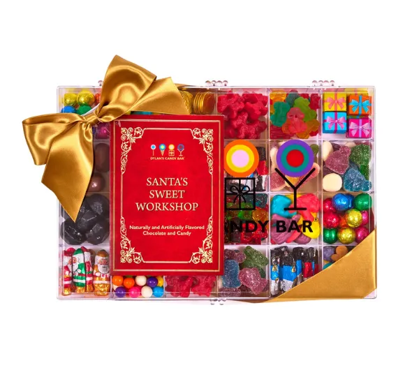 Colorful tackle box filled with candy for holiday gifting.