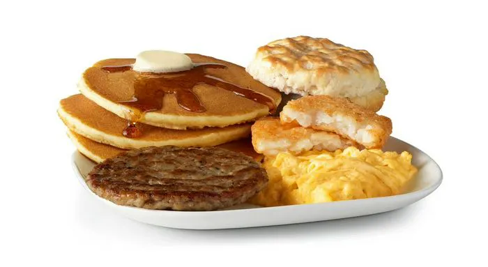 Delicious big breakfast featuring fluffy hotcakes and fresh ingredients.