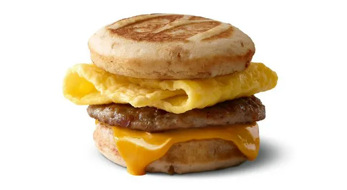 Savory sausage, egg, and cheese McGriddle breakfast sandwich.