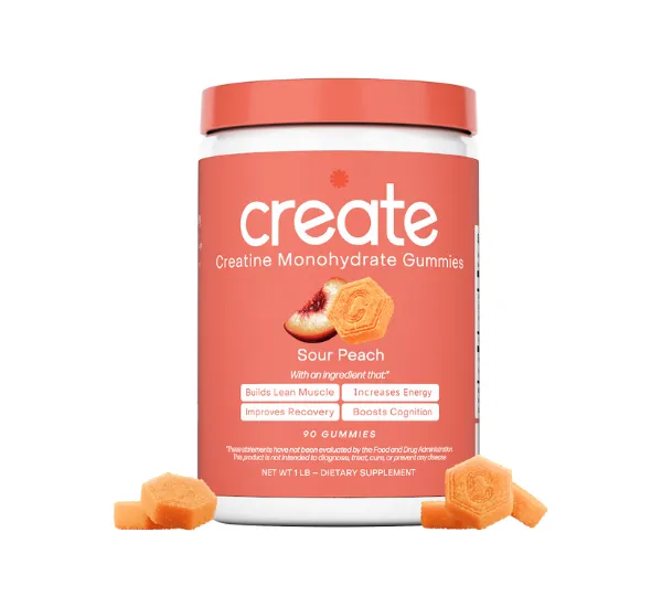 Sour peach creatine monohydrate gummies for energy and recovery.