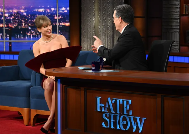 "Taylor Swift and Stephen Colbert during the show"
